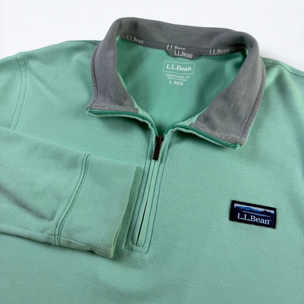 LL Bean 1/4 Zip Pullover Mens Large Aqua Teal Traditional Fit Coastal Preppy